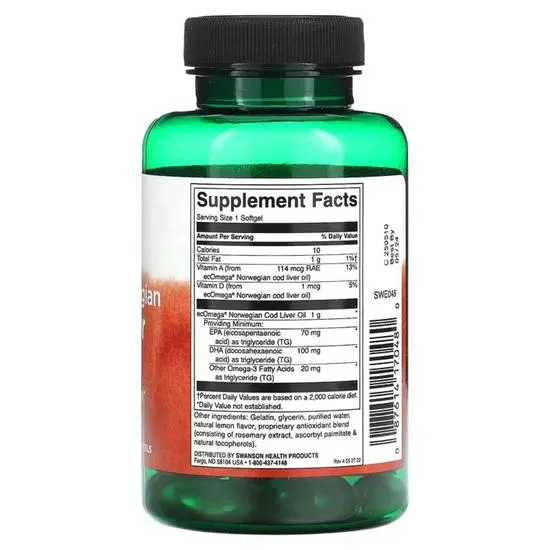 Swanson Pristine Norwegian Cod Liver Oil 1000mg Softgels 60 Softgels