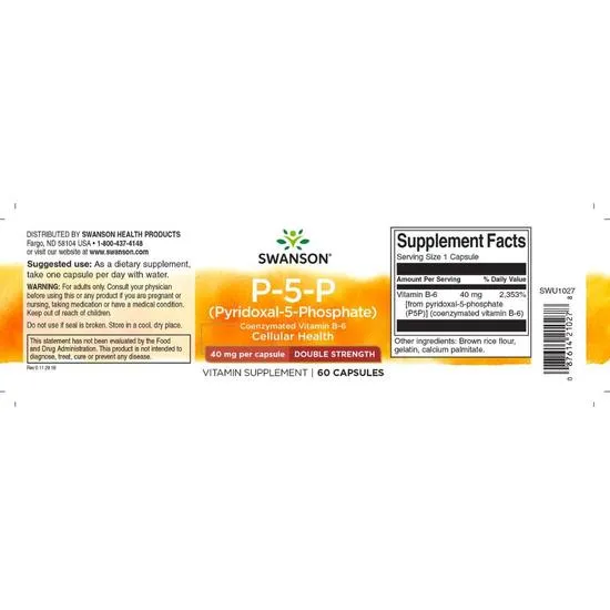 Swanson P-5-P Pyridoxal-5-Phosphate Coenzymated Vitamin B6 40mg Capsules 60 Capsules