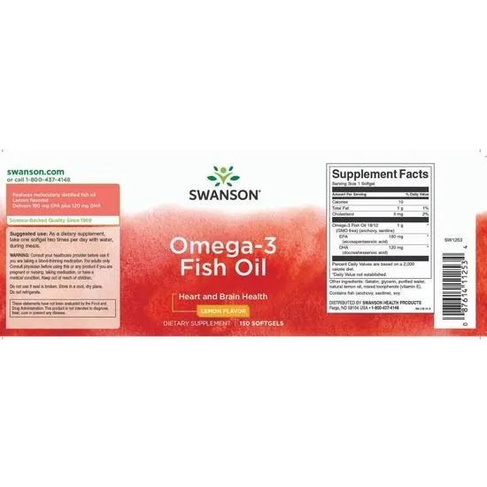 Swanson Omega-3 Fish Oil Lemon Softgels 150 Softgels