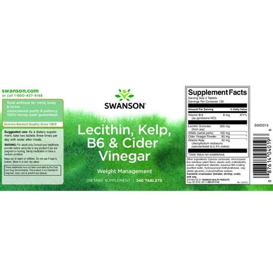 Swanson Lecithin Kelp B6 & Cider Vinegar Tablets 240 Tablets