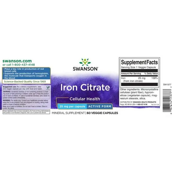 Swanson Iron Citrate 25mg Capsules 60 Capsules