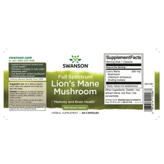 Swanson Full Spectrum Lion's Mane Mushroom 500mg Capsules 60 Capsules