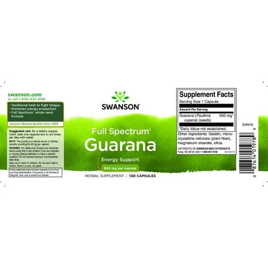 Swanson Full Spectrum Guarana 500mg Capsules 100 Capsules