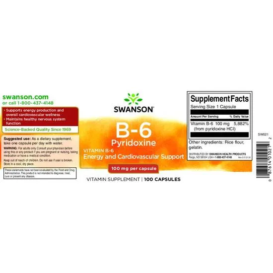 Swanson B6 Pyridoxine 100mg Capsules 100 Capsules