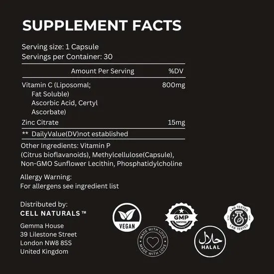 Cell Naturals Liposomal Vitamin C 800mg Capsules 30 Capsules