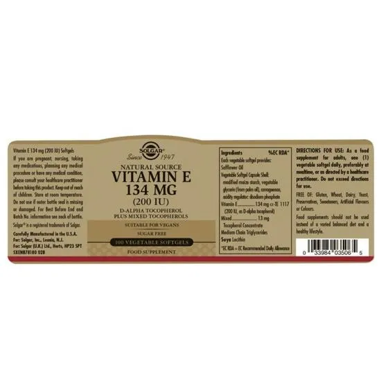 Solgar Vitamin E 134mg 200iu Vegetarian Softgels 50 Softgels