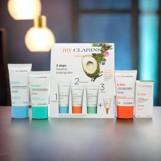 Clarins Grab & Go Set 30ml Cleansing Gel + 15ml Reboost Cream + 15ml Recharge Mask + 3ml Eye Treatment