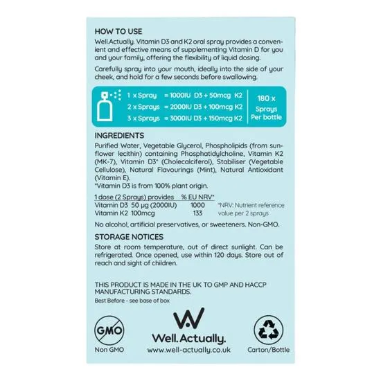 Well Actually Vitamin D3 2000iu + K2 100mcg Lime Spray 25ml