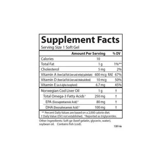 Carlson Labs Wild Norwegian Cod Liver Oil Gems 1000mg 100 Softgels