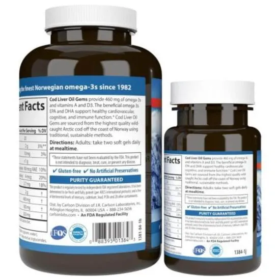 Carlson Labs Wild Norwegian Cod Liver Oil Gems 460mg Softgels + 30 150 Softgels