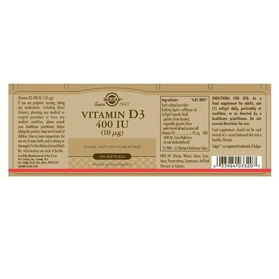 Solgar Vitamin D3 10ug 400iu Softgels 100 Softgels
