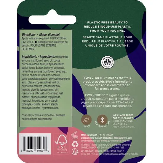 Attitude Plastic-Free Lip Balm Fresh Mint Enriched With Olive Oil 8.5 g