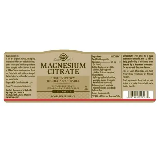 Solgar Magnesium Citrate Tablets 60 Tablets