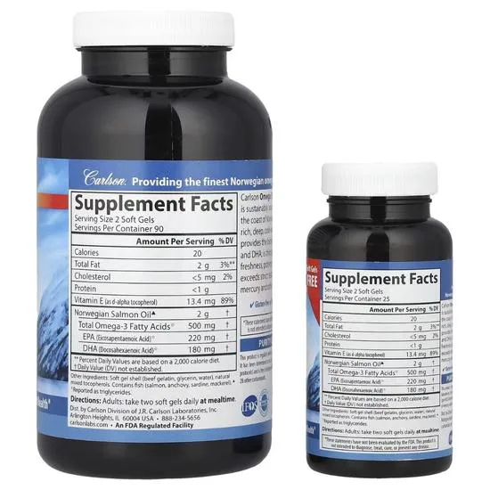 Carlson Labs Norwegian Salmon Oil Softgels + 50 180 Softgels