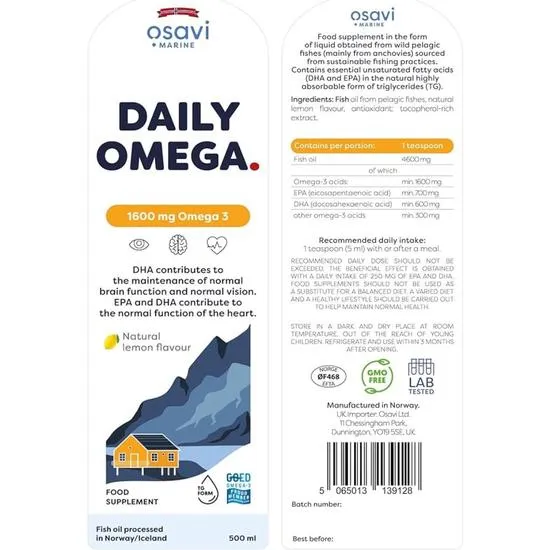 Osavi Daily Omega 1600mg Omega 3 Natural Lemon 250ml