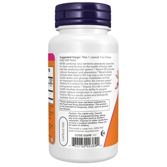 NOW Foods Vitamin D-3 & K-2 Capsules 120 Capsules