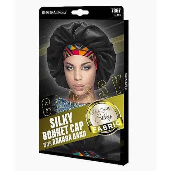 Kashmir Beauty Ambition Classy Silky Bonnet Cap With Ankara Band 7367 Black