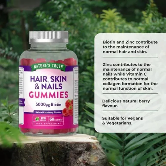 Nature's Truth Hair Skin & Nails Biotin 5000ug Raspberry Gummies 60 Gummies