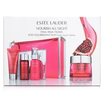 Estée Lauder Nutritious Super-Pomegranate Nourish All Night Set: Night Creme+ Milky Lotion+ Lotion Intense Moist+ Cleansing Form 4pcs+2bags