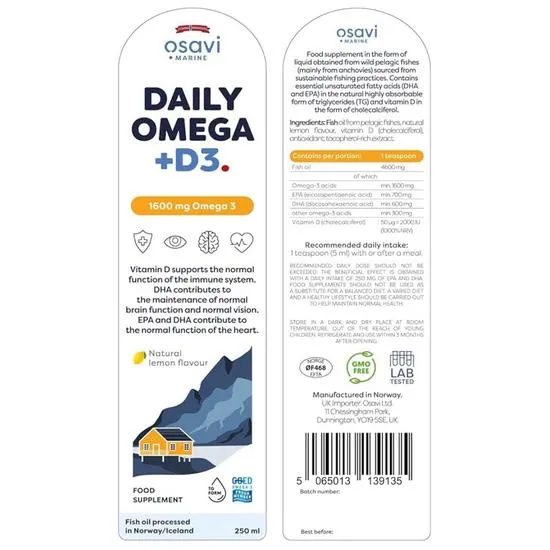 Osavi Daily Omega + D3 1600mg Omega 3 Natural Lemon 250ml