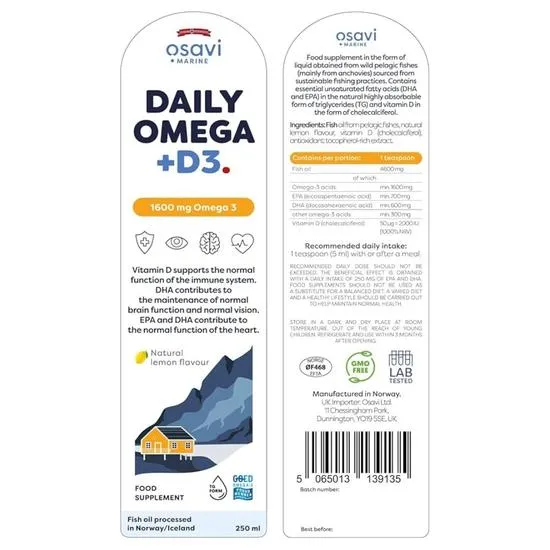 Osavi Daily Omega + D3 1600mg Omega 3 Natural Lemon 250ml