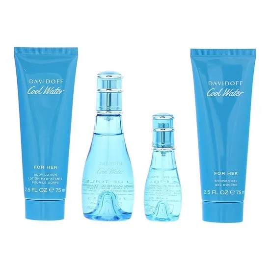 Davidoff Cool Water Woman Eau De Toilette Gift Set 50ml Eau De Toilette + 15ml Eau De Toilette + 75ml Body Lotion + 75ml Shower Gel