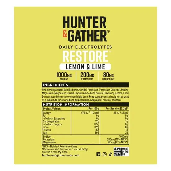 Hunter and Gather Restore Lemon & Lime Electrolyte Sachets 30 Sachets