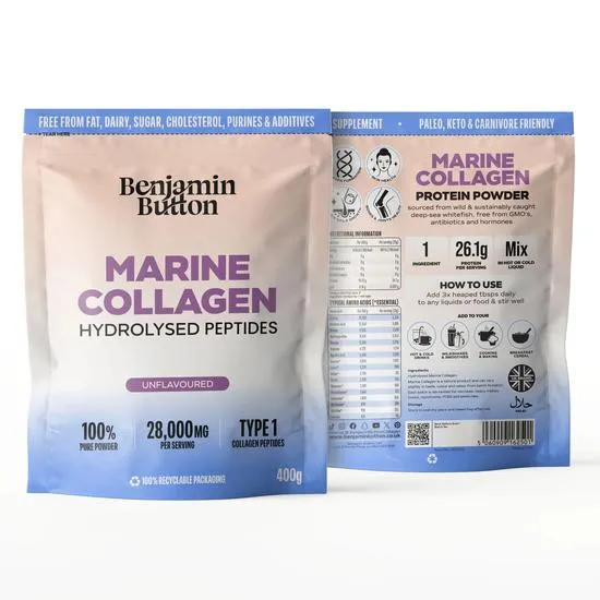 Benjamin Button Marine Collagen Powder Hydrolysed Peptides From Wild-Caught Fish 93% Protein High In Glycine & Proline Keto & Paleo Friendly, Hair, Skin, Joint & Bone Support Benjamin Button 400g