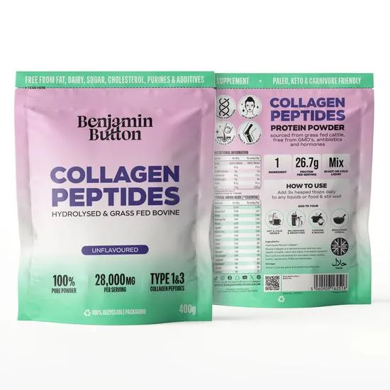 Benjamin Button Collagen Powder Hydrolysed Bovine Collagen Peptides 95% Protein, High In Glycine & Proline Unflavoured, Keto & Paleo Friendly, Skin, Hair, Joints & Bones Support Benjmain Button 400g