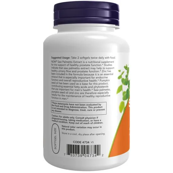 NOW Foods Saw Palmetto Extract With Pumpkin Seed Oil & Zinc 80mg Softgels 90 Softgels