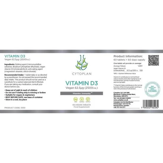 Cytoplan Vegan Vitamin D3 62.5ug 2500iu Wholefood Tablets 60 Tablets