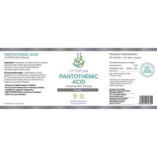 Cytoplan Pantothenic Acid Vitamin B5 100mg Tablets 60 Tablets