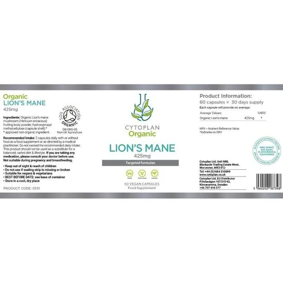 Cytoplan Organic Lions Mane Capsules 60 Capsules