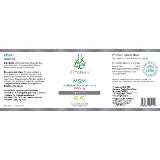 Cytoplan MSM Sulphur 1000mg Tablets 60 Tablets