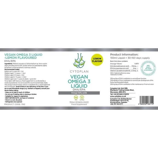 Cytoplan Lemon Vegan Omega 3 Liquid 150ml