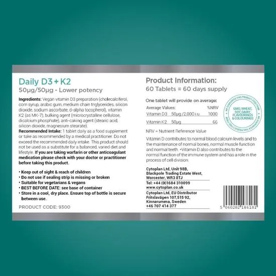 Cytoplan Daily D3 + K2 50ug/50ug Tablets 60 Tablets
