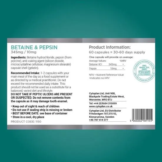 Cytoplan Betaine & Pepsin 345mg/10mg Capsules 60 Capsules
