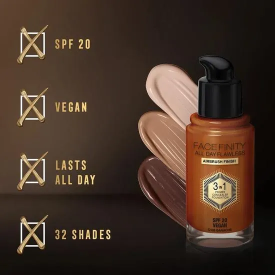 Max Factor Facefinity All Day Flawless 3 In 1 Primer Concealer Foundation 30 ml / 100 Sun Tan