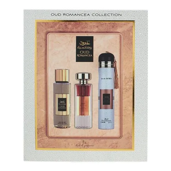 Ard Al Zaafaran Oud Romancea Eau De Parfum 100ml, Perfume Mist 250ml + Air Freshener 300ml Gift Set 100ml