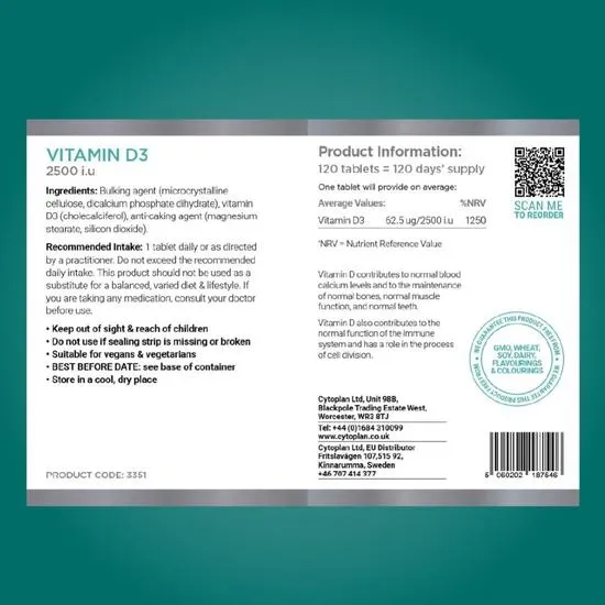 Cytoplan Vegan Vitamin D3 2500iu Tablets 120 Tablets