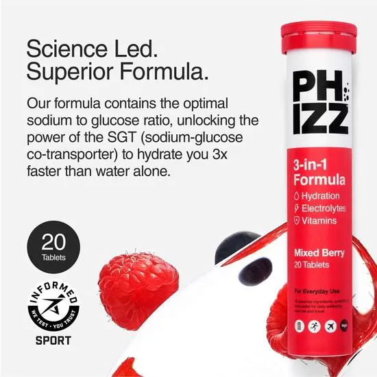 Phizz 3-in-1 Mixed Berry Hydration, Electrolytes & Vitamin Tablets 60 Effervescent Tablets