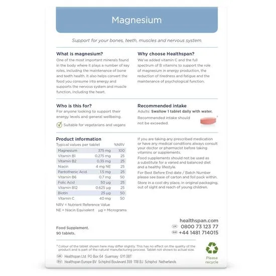 Healthspan 375mg Magnesium Tablets 90 Tablets