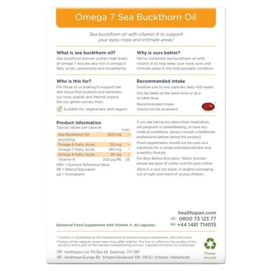 Healthspan Omega 7 Sea Buckthorn Oil Capsules 60 Capsules