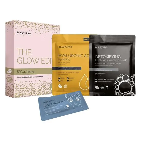 BeautyPro Spa At Home: The Glow Edit Set 1 Gold Foil Mask, 1 Under Eye Mask & 1 Bubbling Cleansing Mask