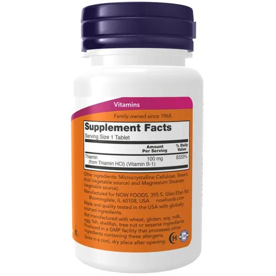 NOW Foods Vitamin B-1 Thiamine 100mg Tablets 100 Tablets