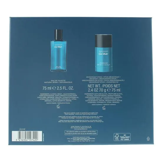 Davidoff Cool Water Eau De Toilette 75ml + Deodorant Stick 70g Gift Set 75ml