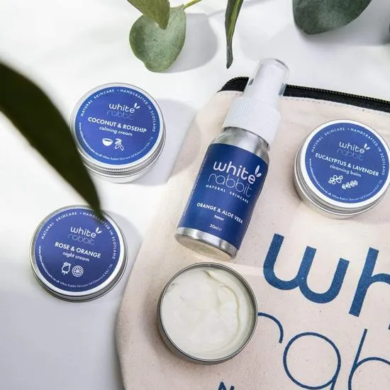 White Rabbit Skin Care Travel Kit Skin Care Minis Coconut & Rosehip Calming Cream / Comfort Cleansing Balm / Cosmetic Bag (+PS3)