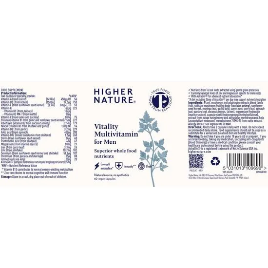Higher Nature True Food Vitality Multivitamin For Men 60 Capsules
