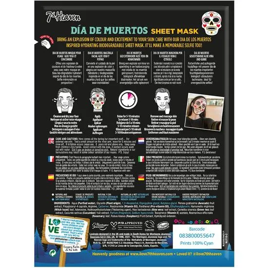 Montagne Jeunesse Mask Art Dia De Muertos Energising & Hydrating Biodegradable Sheet Mask Infused With Aloe Vera & Cucumber Extract