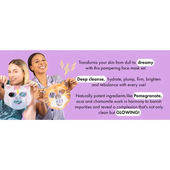 7th Heaven Go Wild Animal Face Sheet Mask Gift Set 5 Fun Hydrating Masks for Kids with Coconut, Apple, Aloe & Banana